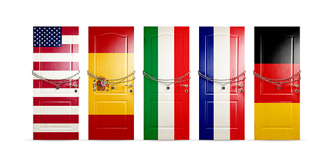Image showing Door colored in USA, Spain, Italy, France, Germany flags, locking with chain. Countries lockdown during coronavirus, COVID spreading