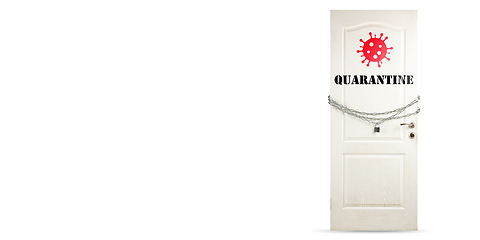 Image showing Door with illustration of virus and lettering QUARANTINE, locking with chain. Countries lockdown during coronavirus, COVID spreading