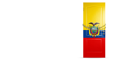 Image showing Door colored in Ecuador flag, locking with chain. Countries lockdown during coronavirus, COVID spreading