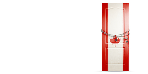 Image showing Door colored in Canada flag, locking with chain. Countries lockdown during coronavirus, COVID spreading