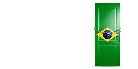 Image showing Door colored in Brazil flag, locking with chain. Countries lockdown during coronavirus, COVID spreading