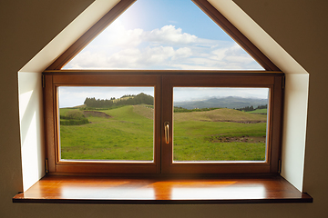 Image showing Closed window and beautiful picture outside, nature view, resort and resting