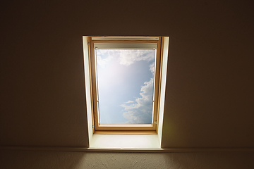 Image showing Closed window and beautiful picture outside, nature view, resort and resting