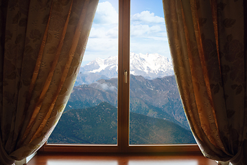 Image showing Closed window and beautiful picture outside, nature view, resort and resting