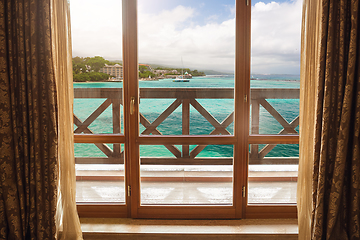 Image showing Closed window and beautiful picture outside, nature view, resort and resting