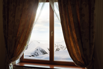 Image showing Closed window and beautiful picture outside, nature view, resort and resting