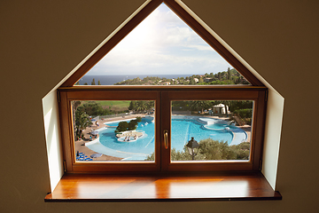 Image showing Closed window and beautiful picture outside, nature view, resort and resting