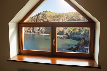 Image showing Closed window and beautiful picture outside, nature view, resort and resting