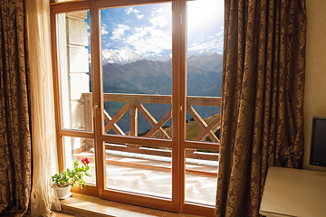 Image showing Closed window and beautiful picture outside, nature view, resort and resting