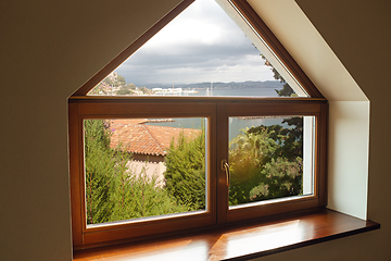 Image showing Closed window and beautiful picture outside, nature view, resort and resting