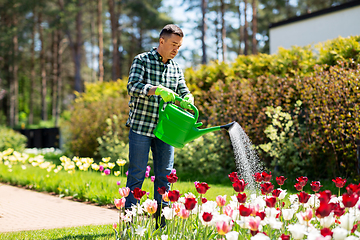 Image showing middle-aged man watering flowers at garden