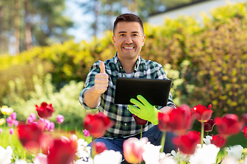 Image showing man with tablet pc and flowers at summer garden