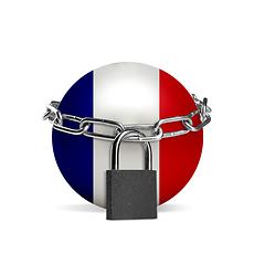 Image showing Planet colored in France flag, locking with chain. Countries lockdown during coronavirus, COVID spreading