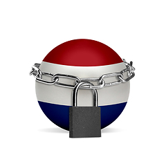 Image showing Planet colored in Netherlands flag, locking with chain. Countries lockdown during coronavirus, COVID spreading