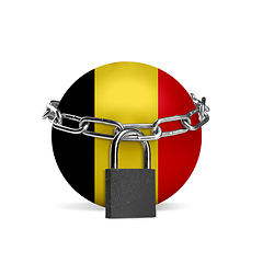 Image showing Planet colored in Belgium flag, locking with chain. Countries lockdown during coronavirus, COVID spreading