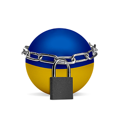 Image showing Planet colored in Ukraine flag, locking with chain. Countries lockdown during coronavirus, COVID spreading