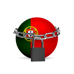 Image showing Planet colored in Portugal flag, locking with chain. Countries lockdown during coronavirus, COVID spreading