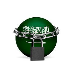 Image showing Planet colored in Saudi Arabia flag, locking with chain. Countries lockdown during coronavirus, COVID spreading