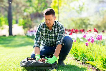 Image showing man with soil in bag and flowers working at garden