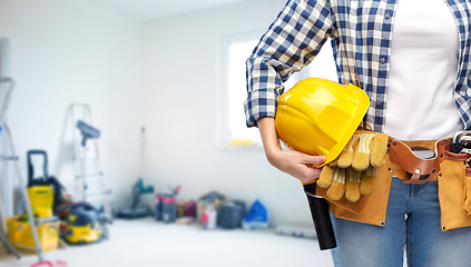 Image showing woman or builder with helmet and working tools