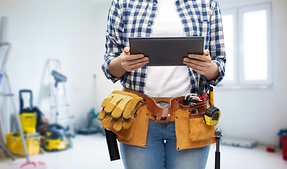 Image showing woman or builder with tablet pc and working tools