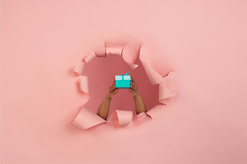 Image showing Female hand giving gift in torn coral, pink paper hole background, celebration