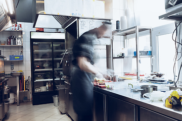 Image showing Behind the scenes of brands. The chef cooking in a professional kitchen of a restaurant meal for client or delivery. Motion.