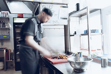 Image showing Behind the scenes of brands. The chef cooking in a professional kitchen of a restaurant meal for client or delivery. Motion.