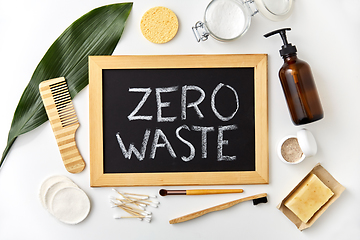 Image showing natural cosmetics and chalkboard with zero waste