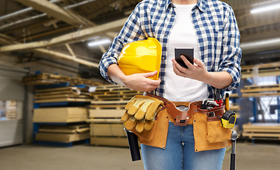 Image showing woman or worker with phone and working tools