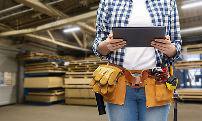 Image showing woman or worker with tablet pc and working tools