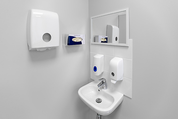 Image showing hospital bathroom with sink, soap and paper towels