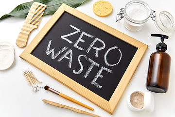 Image showing natural cosmetics and chalkboard with zero waste