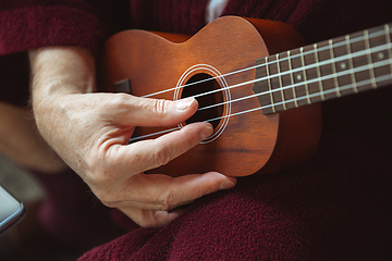 Image showing Mature senior older man during quarantine, virus outbreak, giving concert of taking online lessons of guitar playing, close up of hands