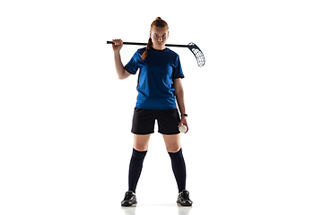 Image showing Floorball female player isolated on white studio background, action and motion concept