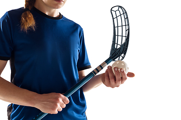 Image showing Floorball female player isolated on white studio background, action and motion concept