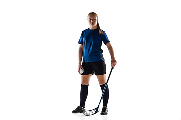 Image showing Floorball female player isolated on white studio background, action and motion concept