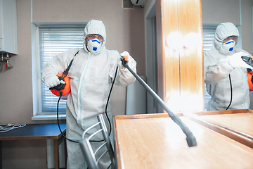 Image showing Coronavirus Pandemic. A disinfector in a protective suit and mask sprays disinfectants in the house or office