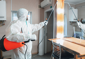 Image showing Coronavirus Pandemic. A disinfector in a protective suit and mask sprays disinfectants in the house or office