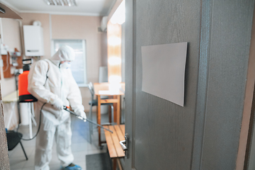 Image showing Coronavirus Pandemic. A disinfector in a protective suit and mask sprays disinfectants in the house or office