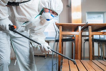 Image showing Coronavirus Pandemic. A disinfector in a protective suit and mask sprays disinfectants in the house or office