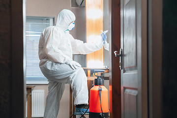 Image showing Coronavirus Pandemic. A disinfector in a protective suit and mask sprays disinfectants in the house or office
