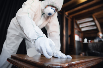 Image showing Coronavirus Pandemic. A disinfector in a protective suit and mask sprays disinfectants in the house or office