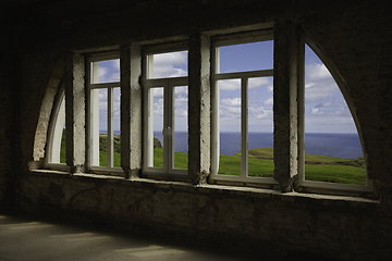 Image showing Closed window and beautiful picture outside, nature view, resort and resting