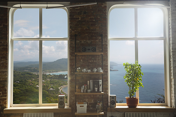 Image showing Closed window and beautiful picture outside, nature view, resort and resting