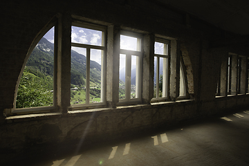 Image showing Closed window and beautiful picture outside, nature view, resort and resting