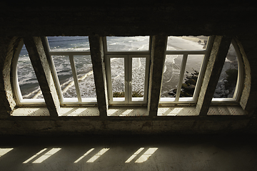 Image showing Closed window and beautiful picture outside, nature view, resort and resting