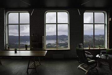 Image showing Closed window and beautiful picture outside, nature view, resort and resting