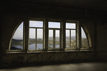 Image showing Closed window and beautiful picture outside, nature view, resort and resting