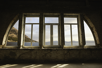 Image showing Closed window and beautiful picture outside, nature view, resort and resting